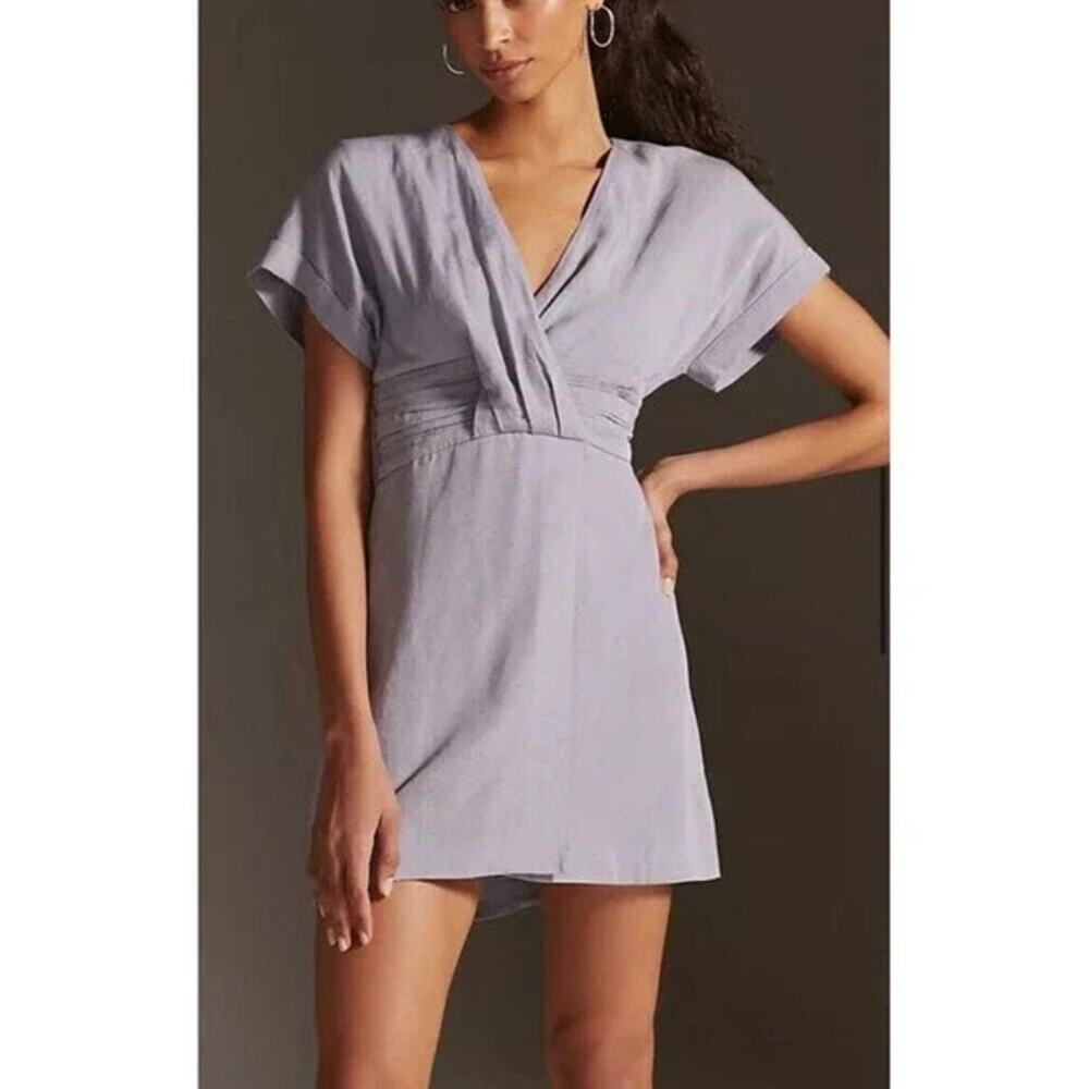 Anthropologie Faux Wrap Mini Dress Gray Linen Blend Size 4 Minimalist Natural